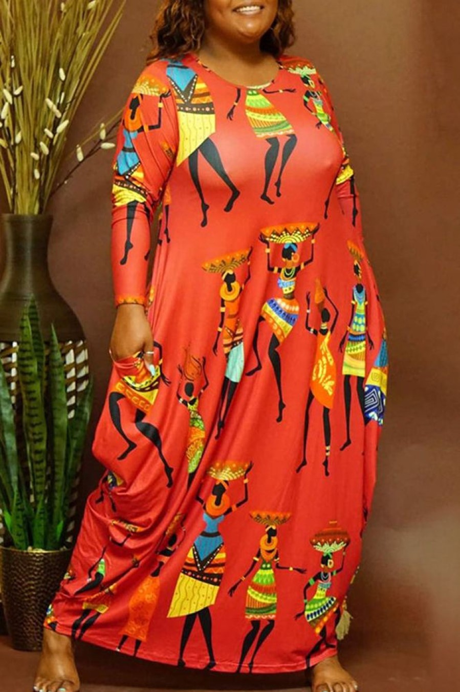 Dresses female | Plus Size Ethnic Print Long Sleeve Long Dress