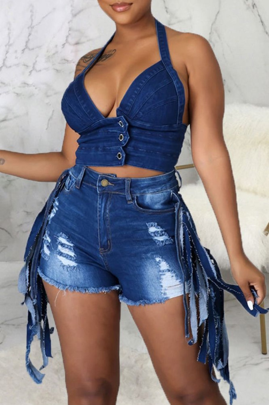 Bottoms female | Fashion Ripped Slim Stretch Denim Fringed Shorts