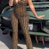 Jumpsuits & Rompers female | Sexy Houndstooth Print Deep V Neck Slim Fit Halter Jumpsuits Brown