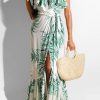 Dresses female | Leaf Print Ruffled Slit Suspender Maxi Dress