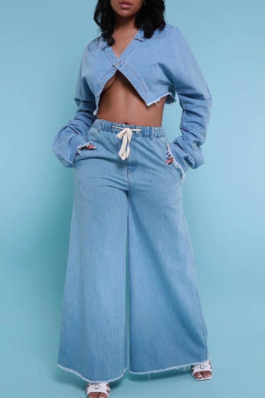 2-Pieces female | Casual Loose Solid Denim Suit Blue