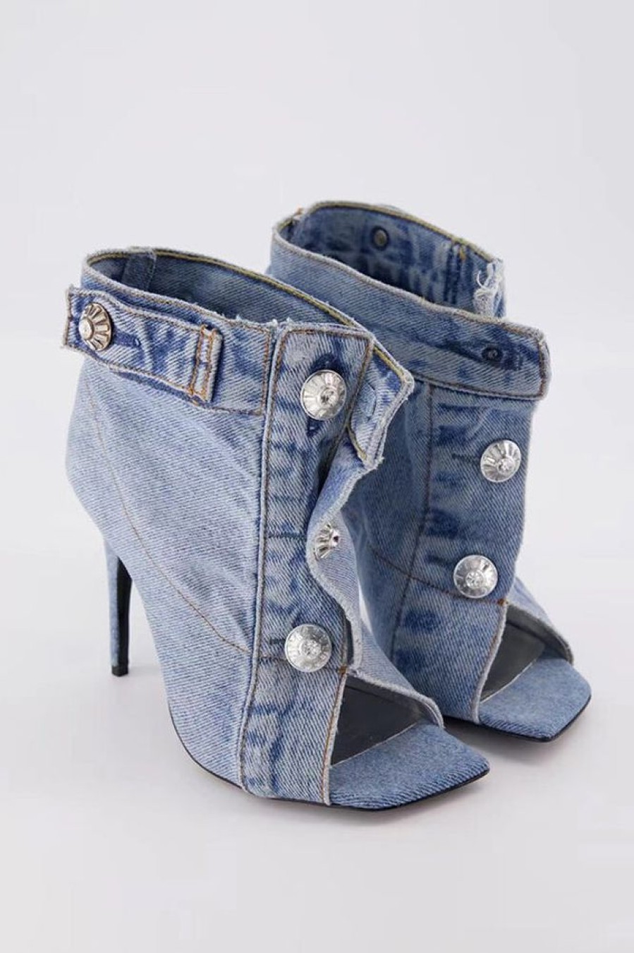 Accessories female | High Top Fish Mouth Denim Button High Heels Blue