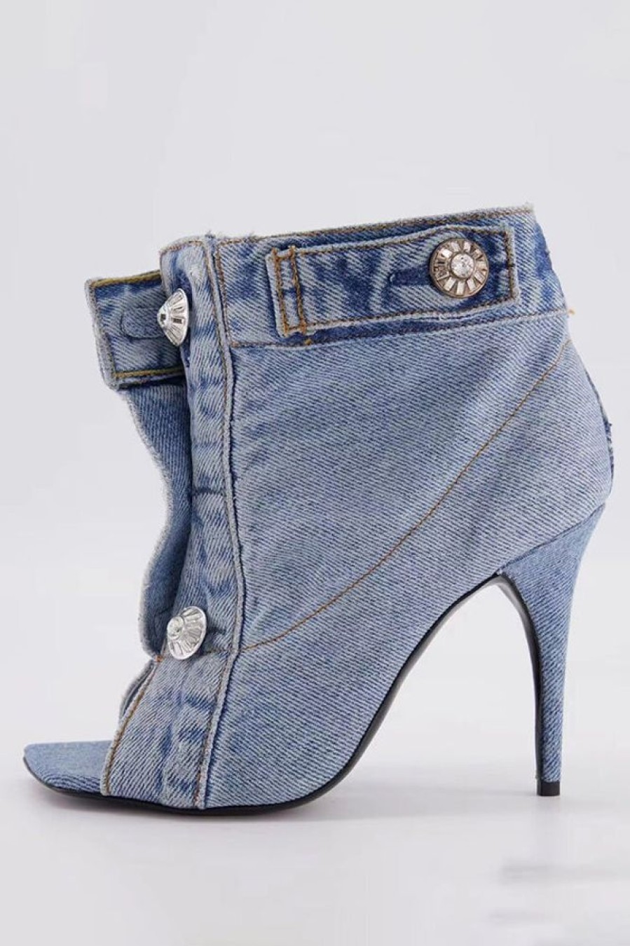 Accessories female | High Top Fish Mouth Denim Button High Heels Blue