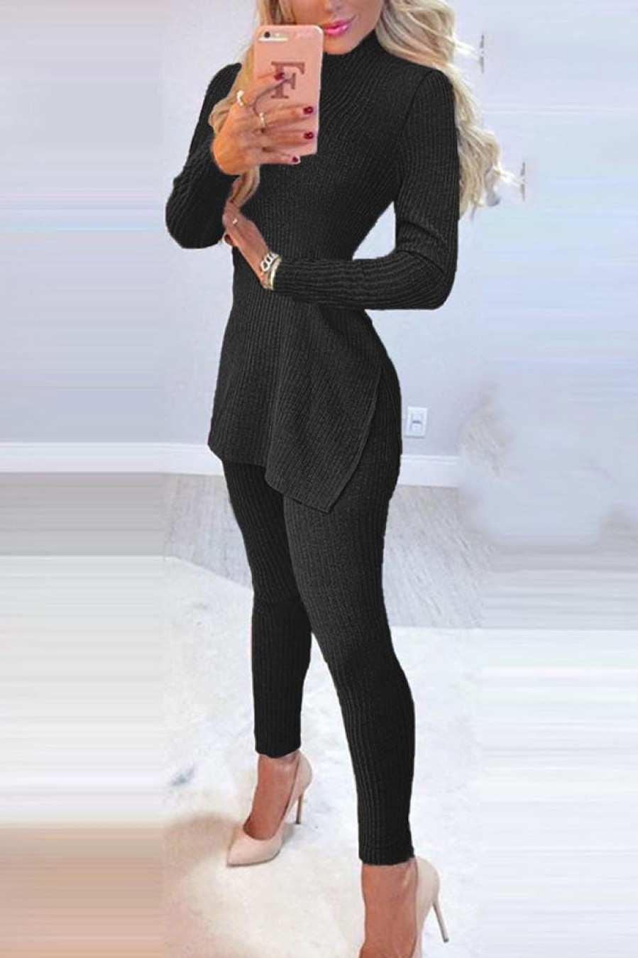 2-Pieces female | Trendy Knit Slit Midi Top And Leggings Set