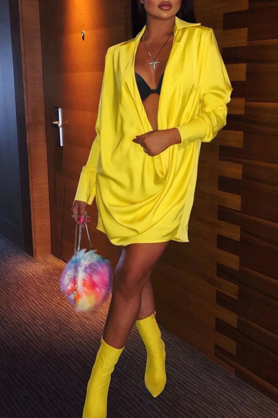 Dresses female | Sexy Deep V-Neck Pleated Solid Color Mini Dress Yellow