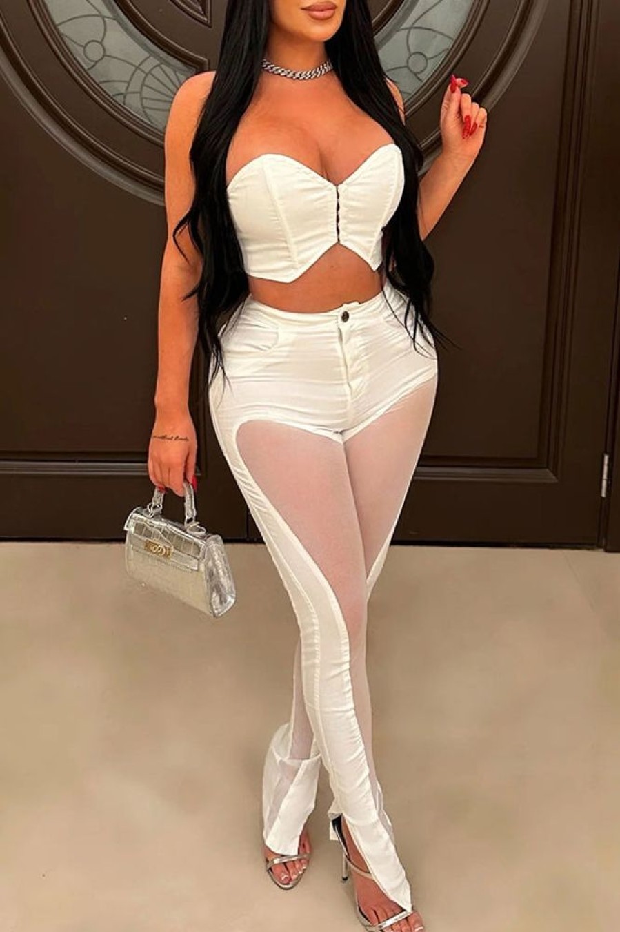 2-Pieces female | Sexy Tube Top Mesh Waist Revealing Two Piece Set