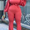 Jumpsuits & Rompers female | Plus Size Solid Color Bubble Sleeve Flare Wide Leg Jumpsuit Red