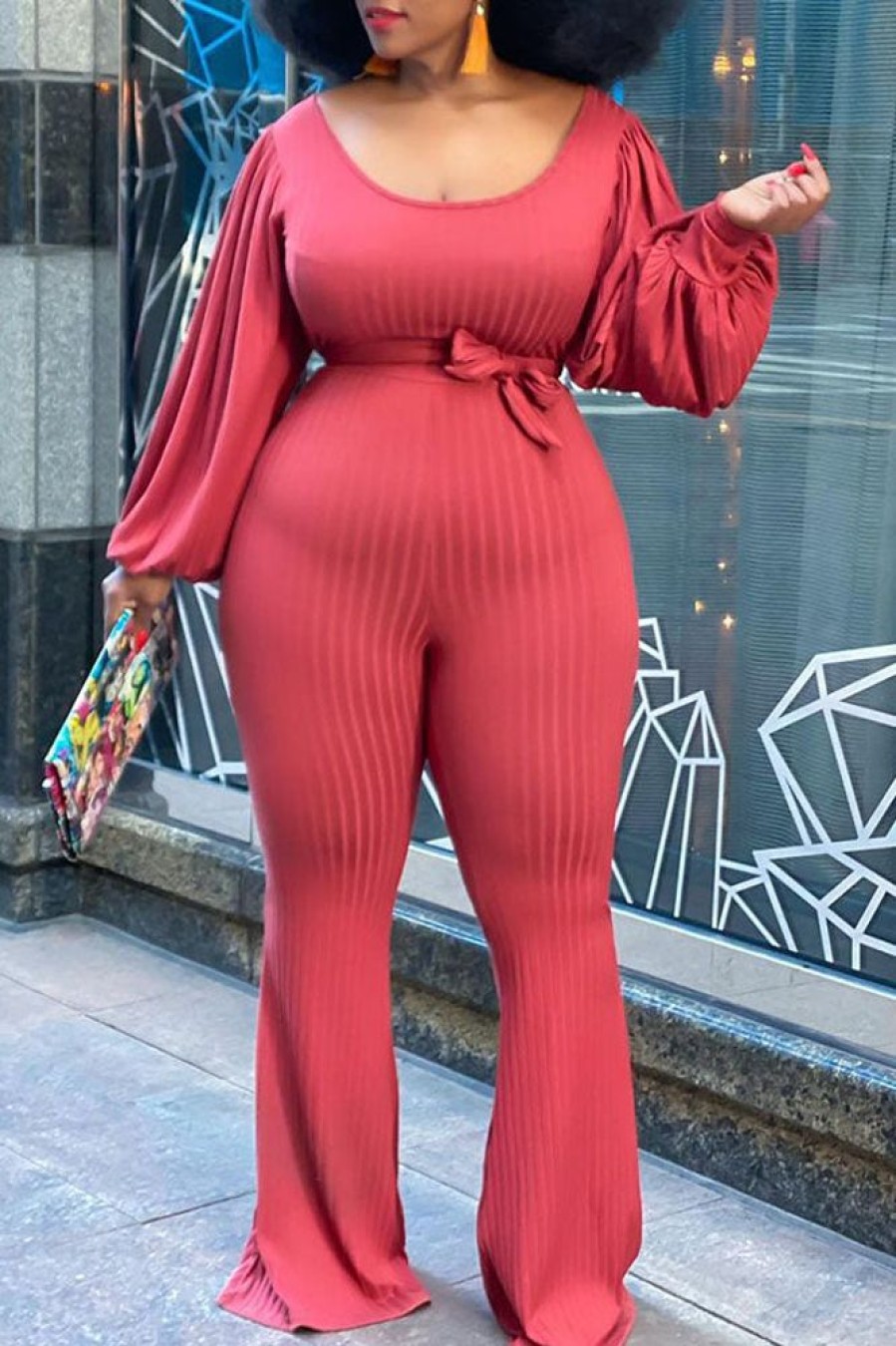 Jumpsuits & Rompers female | Plus Size Solid Color Bubble Sleeve Flare Wide Leg Jumpsuit Red