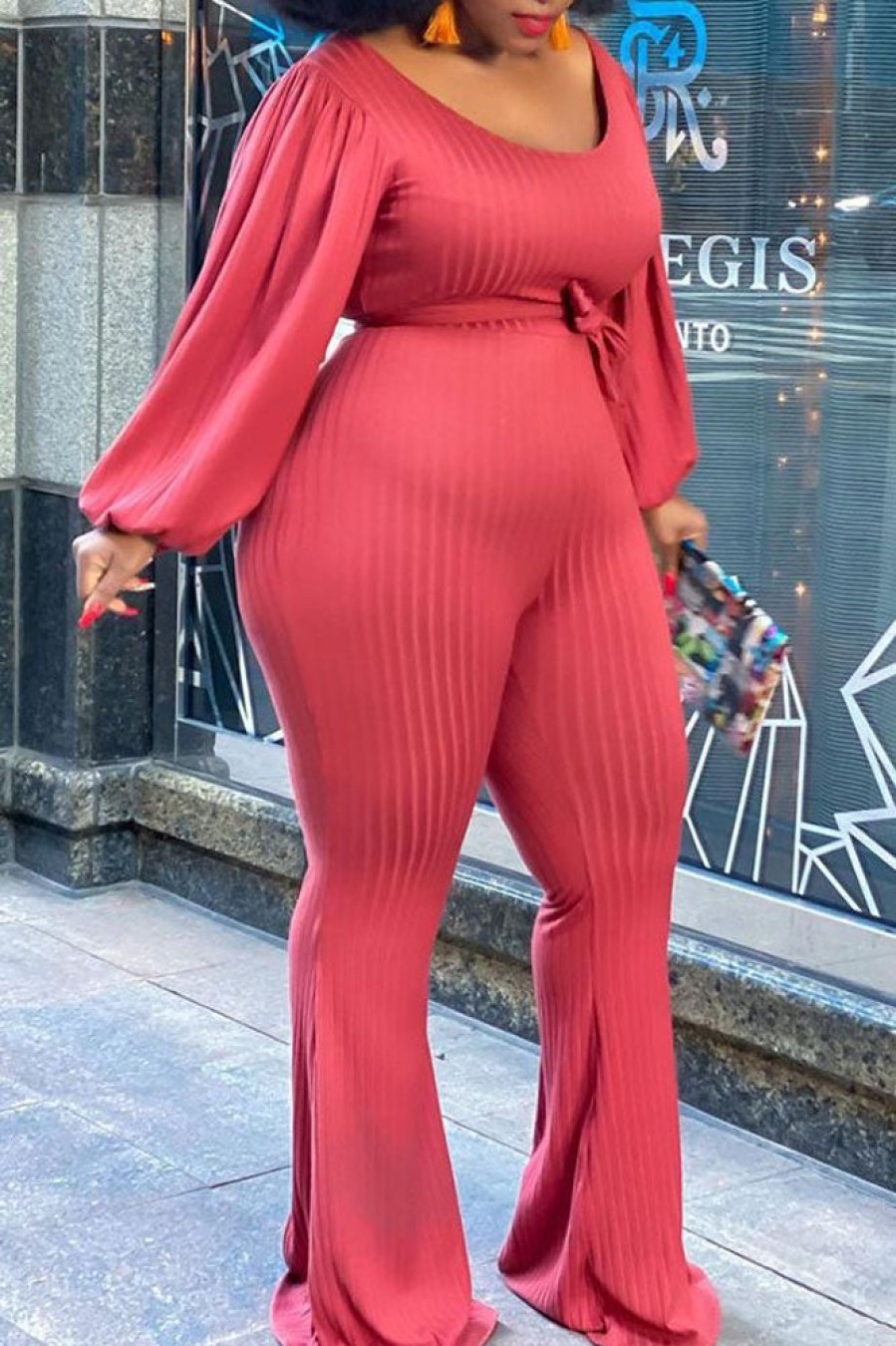 Jumpsuits & Rompers female | Plus Size Solid Color Bubble Sleeve Flare Wide Leg Jumpsuit Red