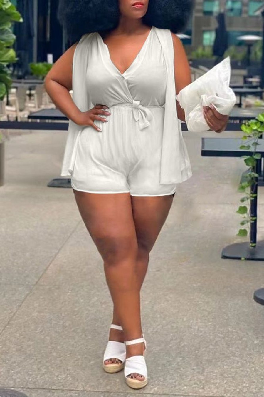 Jumpsuits & Rompers female | Plus Size V-Neck Slit Sleeve Tie Waist Romper