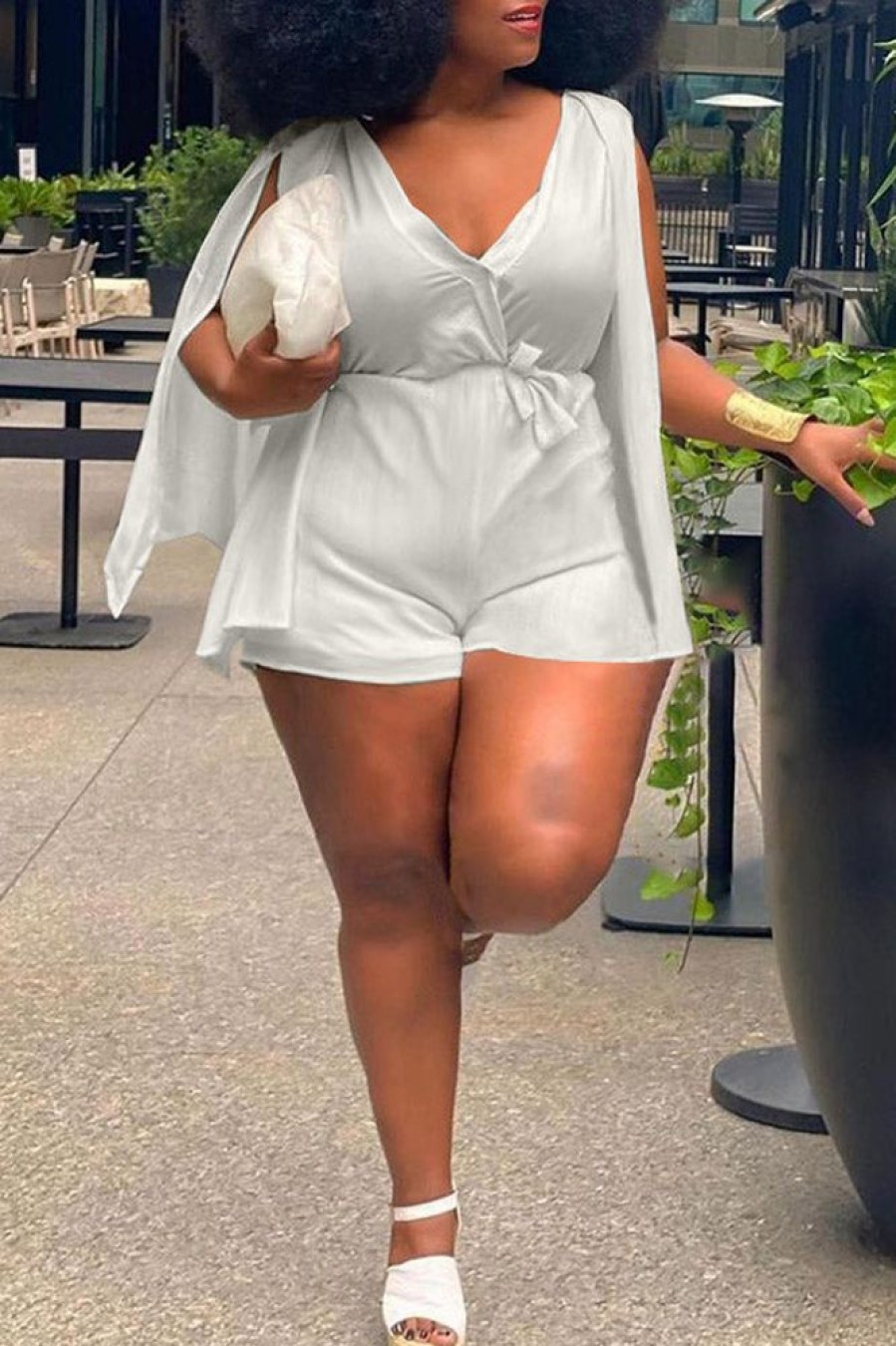 Jumpsuits & Rompers female | Plus Size V-Neck Slit Sleeve Tie Waist Romper