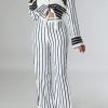 2-Pieces female | Temperament Stripe Print Long Sleeve Blouse High Waist Pant Suits White