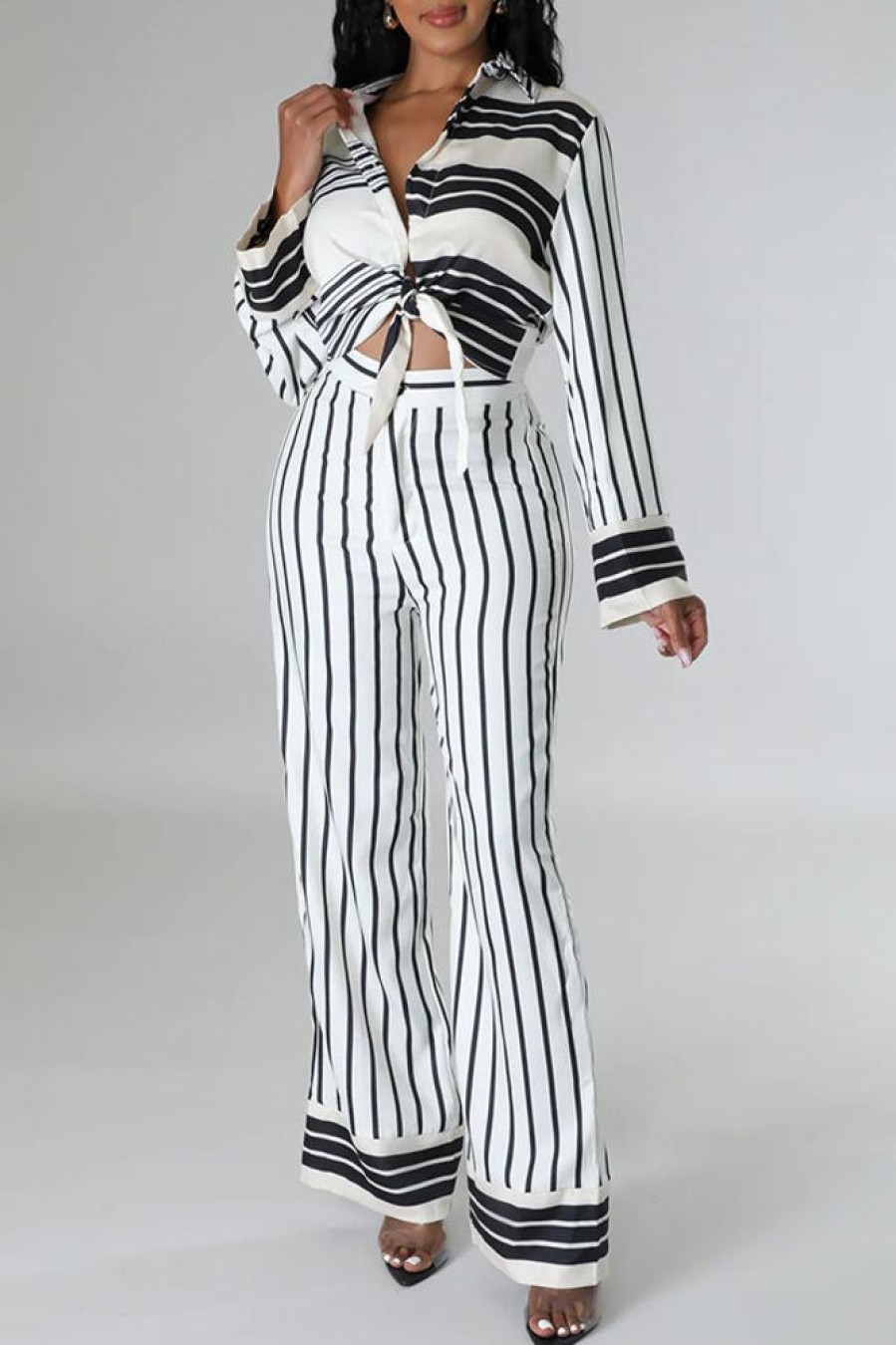 2-Pieces female | Temperament Stripe Print Long Sleeve Blouse High Waist Pant Suits White