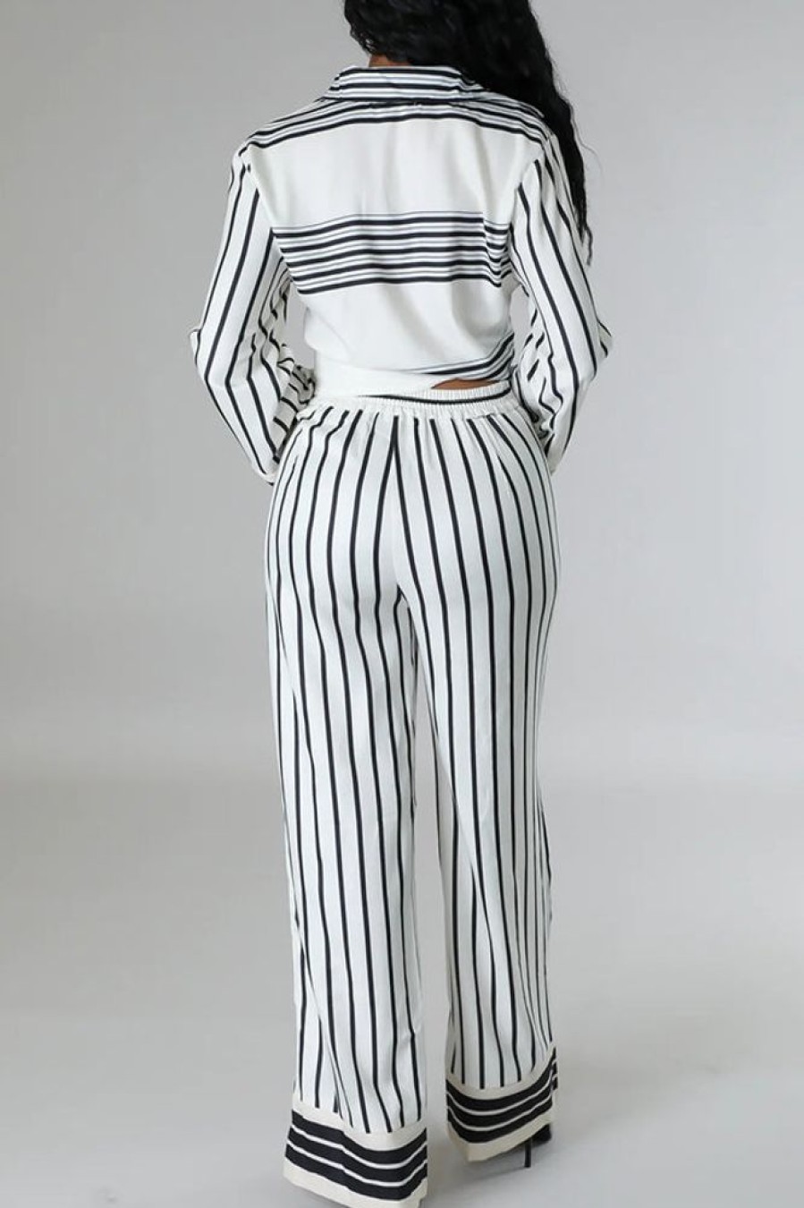 2-Pieces female | Temperament Stripe Print Long Sleeve Blouse High Waist Pant Suits White