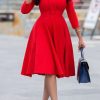 Dresses female | Commuter V-Neck 3/4 Length Sleeve A-Line Midi Dress Red