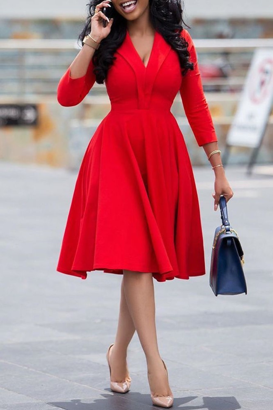 Dresses female | Commuter V-Neck 3/4 Length Sleeve A-Line Midi Dress Red