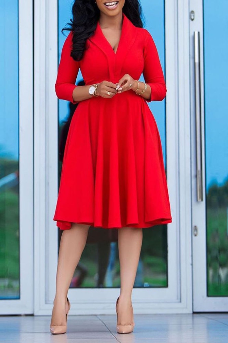 Dresses female | Commuter V-Neck 3/4 Length Sleeve A-Line Midi Dress Red