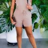 Jumpsuits & Rompers female | Elegant Ruffled Sleeves Round Neck Solid Color Rompers Khaki