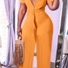 Jumpsuits & Rompers female | V-Neck Solid Puff Sleeve Belt Plus Size Jumpsuit