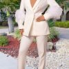 2-Pieces female | Fashion Solid Color Feather Long Sleeve Lapel Blazer High Waist Pant Suits