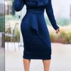 Dresses female | Classic Slim Fit Solid Color Tie Long Sleeved Plus Size Midi Dress