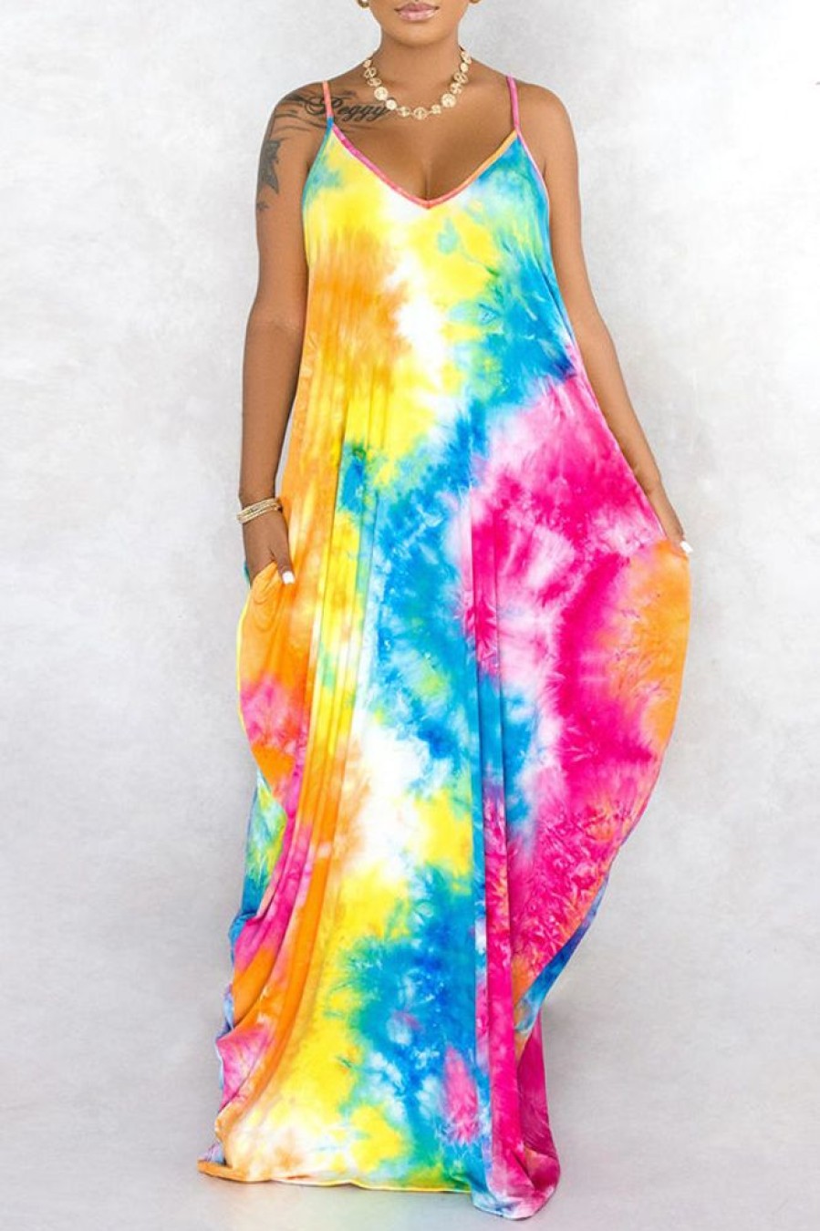 Dresses female | Sexy Tie Dye Sling Loose Maxi Dress Yellow