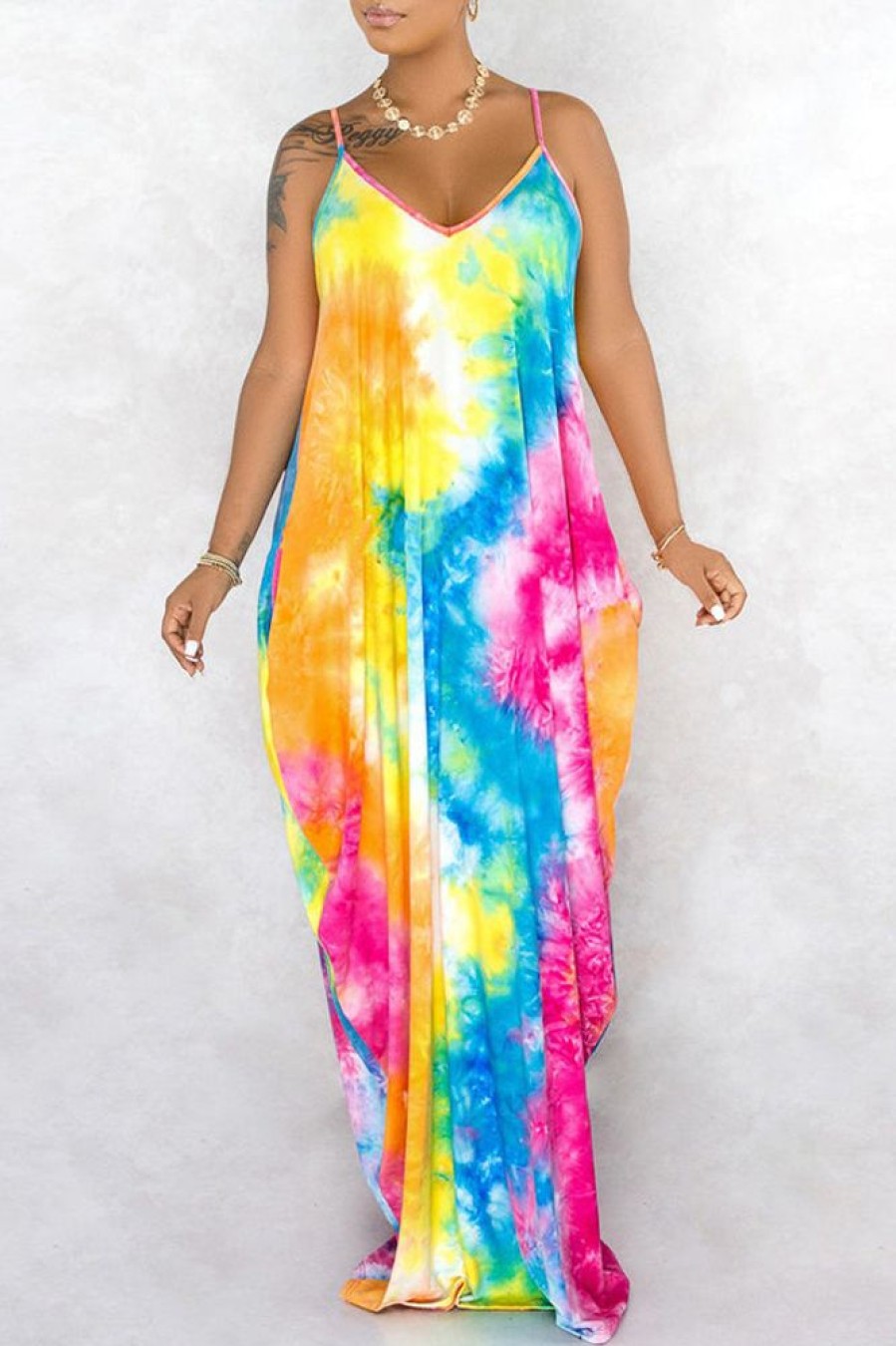 Dresses female | Sexy Tie Dye Sling Loose Maxi Dress Yellow