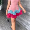 Dresses female | Fashion Short Sleeve Round Neck Stitching Pleated A-Line Mini Dress