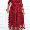 Dresses female | Commuter Polka Dot Mesh 3/4 Length Sleeve Plus Size Midi Dress (Without Belt) Red