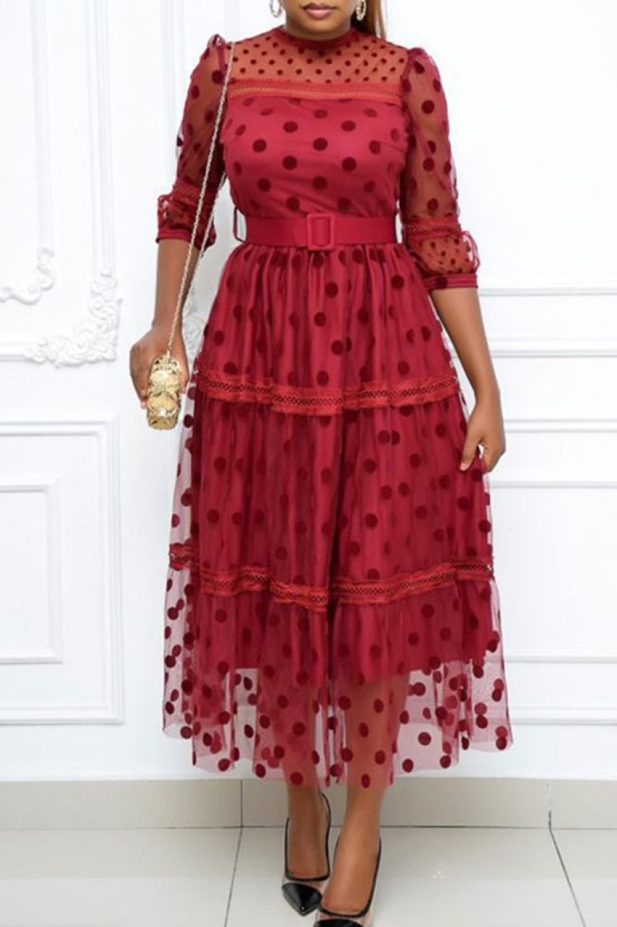 Dresses female | Commuter Polka Dot Mesh 3/4 Length Sleeve Plus Size Midi Dress (Without Belt) Red