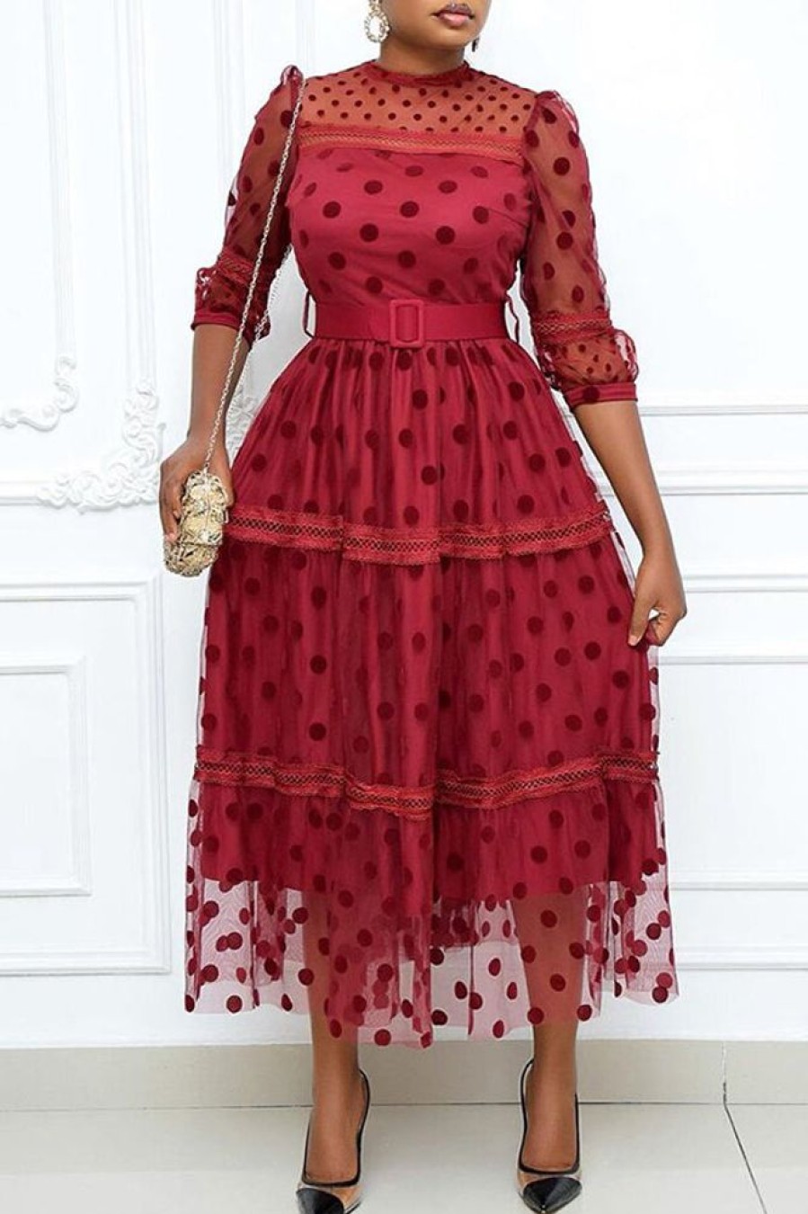 Dresses female | Commuter Polka Dot Mesh 3/4 Length Sleeve Plus Size Midi Dress (Without Belt) Red