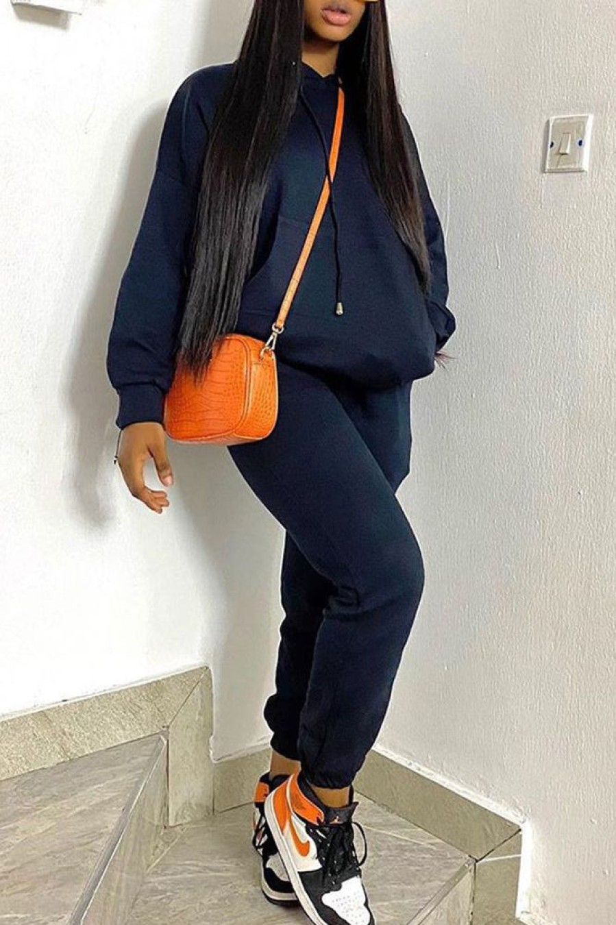 2-Pieces female | Sport Letter Print Long Sleeve Hoodie Solid Color Pant Suits Navy Blue