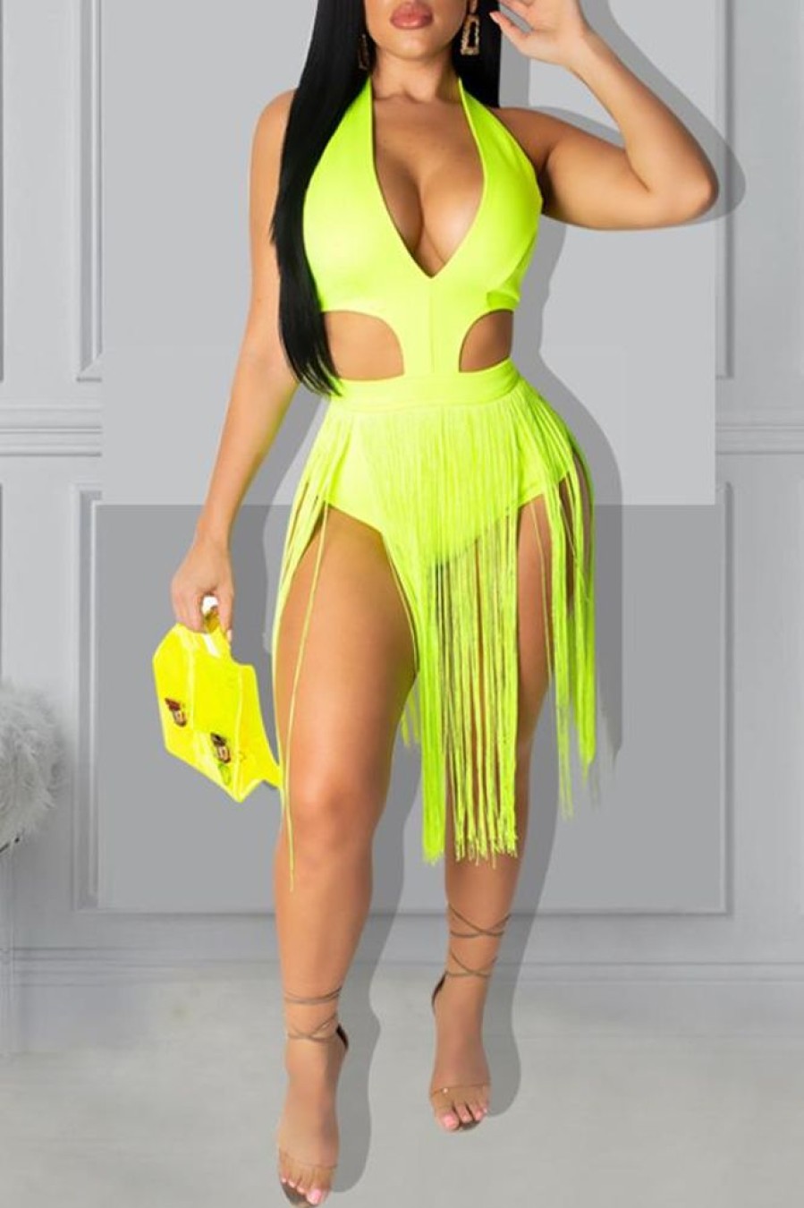 Swimwear female | Fashion Solid Color Fringed Hollow Sleeveless Rompers