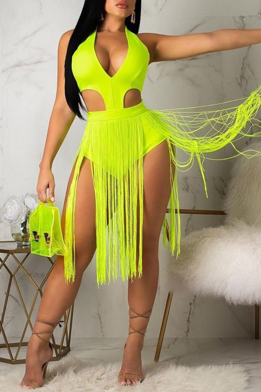 Swimwear female | Fashion Solid Color Fringed Hollow Sleeveless Rompers