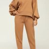 2-Pieces female | Simple Solid Color Loose Round Neck Sweatshirt Drawstring Pant Suits Coffee