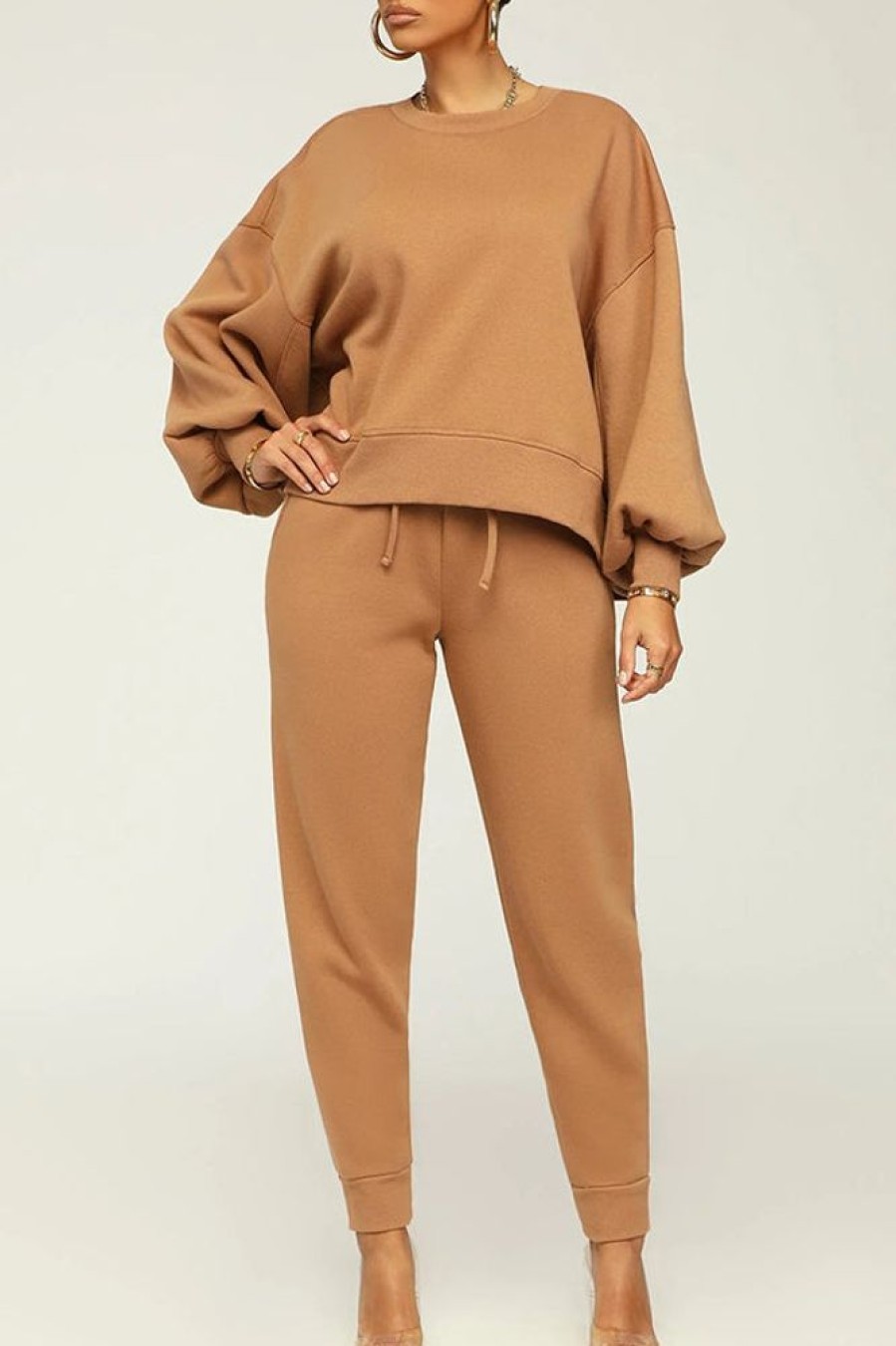 2-Pieces female | Simple Solid Color Loose Round Neck Sweatshirt Drawstring Pant Suits Coffee