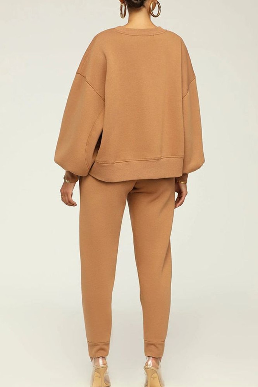 2-Pieces female | Simple Solid Color Loose Round Neck Sweatshirt Drawstring Pant Suits Coffee