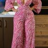 Jumpsuits & Rompers female | Sexy Deep V Neck Print Cutout Long Sleeve Wide-Leg Jumpsuits