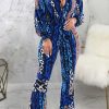 Jumpsuits & Rompers female | Fashion Graphic Print Lantern Sleeve Micro Flare Jumpsuit Blue