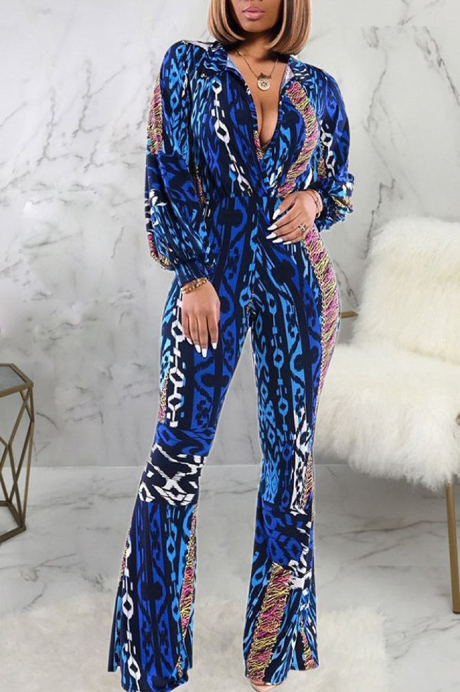 Jumpsuits & Rompers female | Fashion Graphic Print Lantern Sleeve Micro Flare Jumpsuit Blue