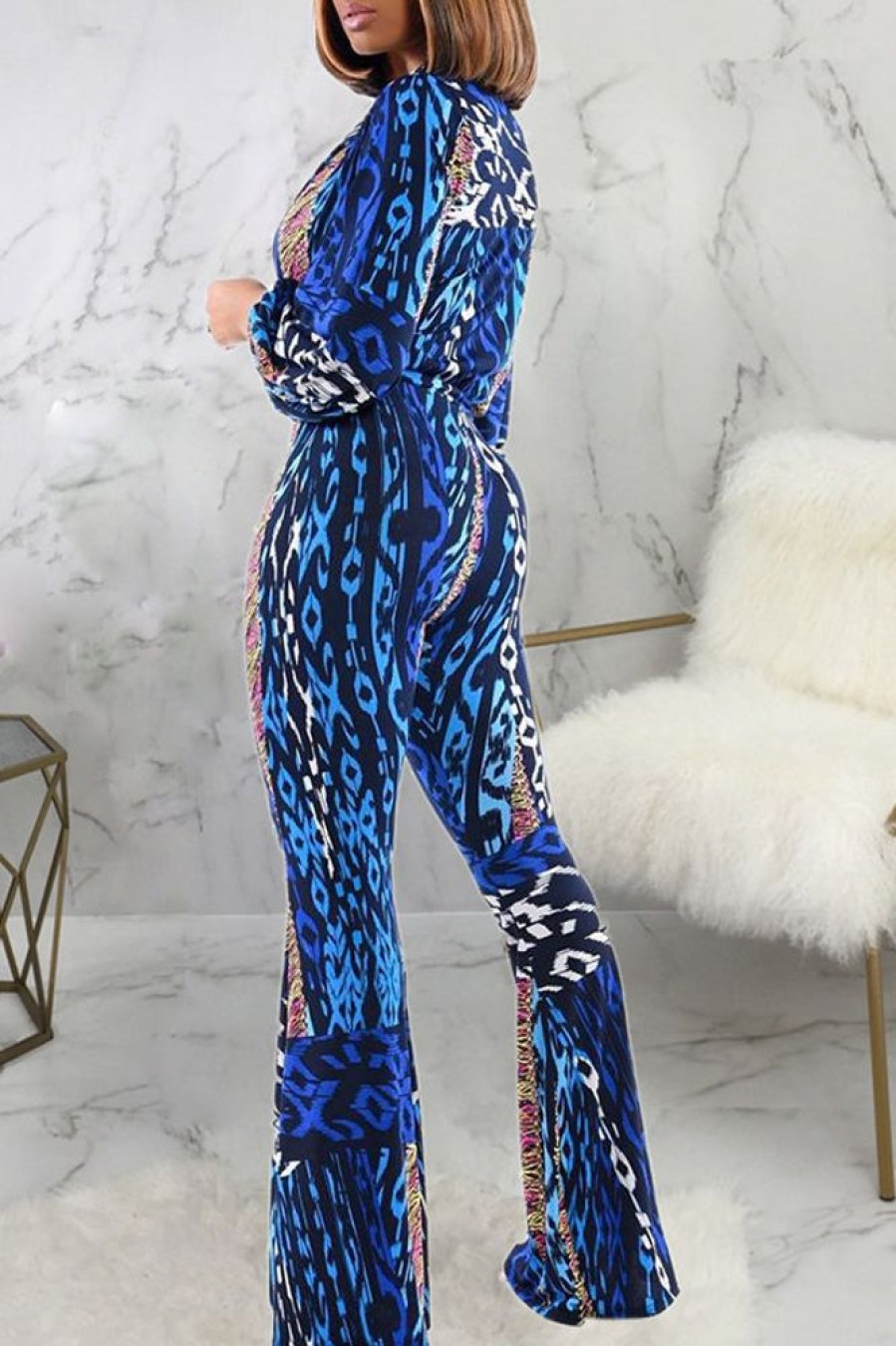 Jumpsuits & Rompers female | Fashion Graphic Print Lantern Sleeve Micro Flare Jumpsuit Blue