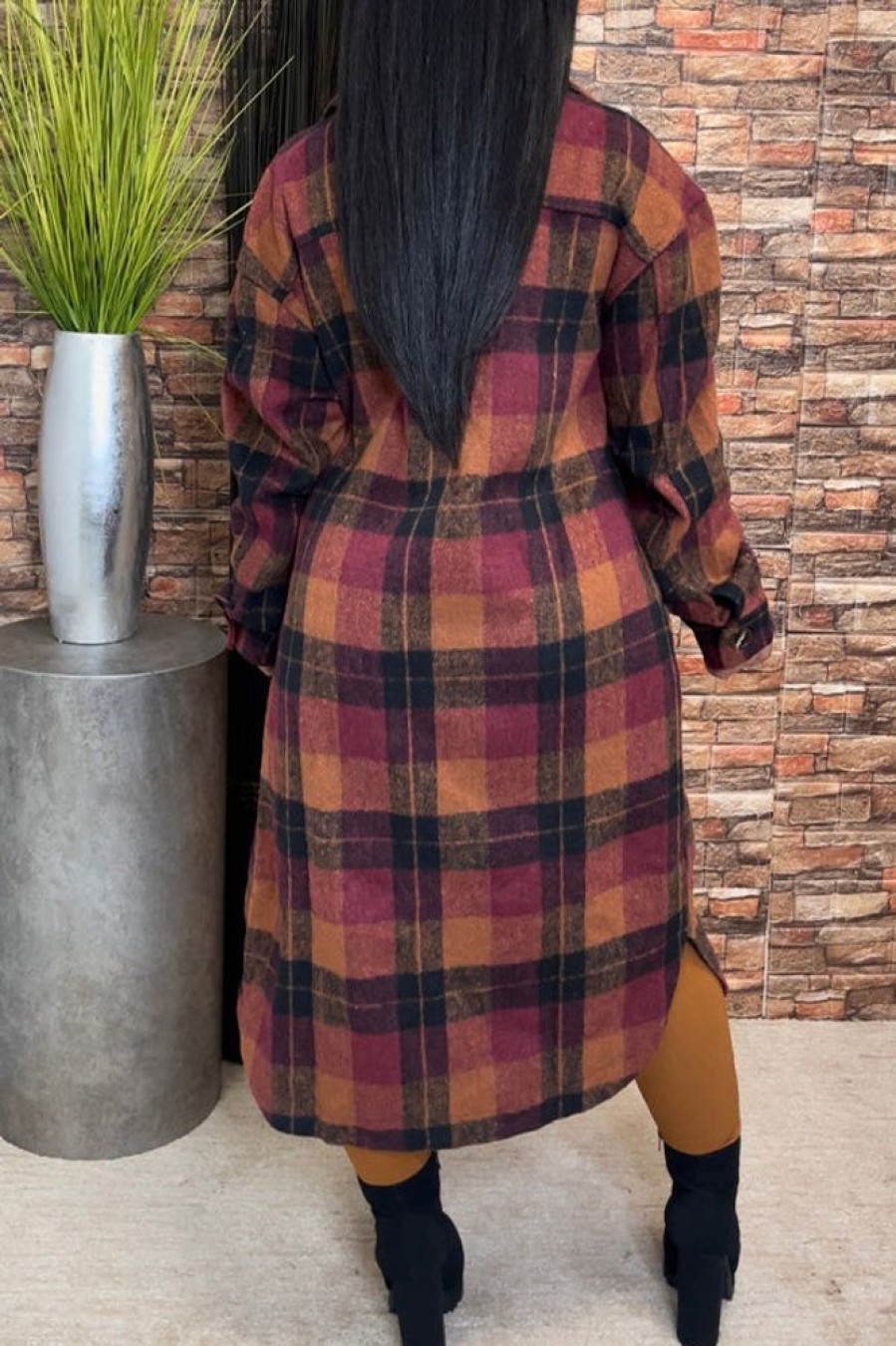 Tops & Outerwear female | Fashion Flannel Tweed Pocket Plaid Long Shirt Coat Brown