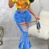 Bottoms female | Fashion Stitching Ripped Frayed Flared Jeans Blue