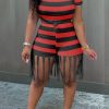 2-Pieces female | Plus Size Fashion Striped Tee Top & Fringe Shorts Set