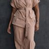 2-Pieces female | Casual Lapel Short-Sleeved Shirt Wide-Leg Pants Two-Piece Set Khaki