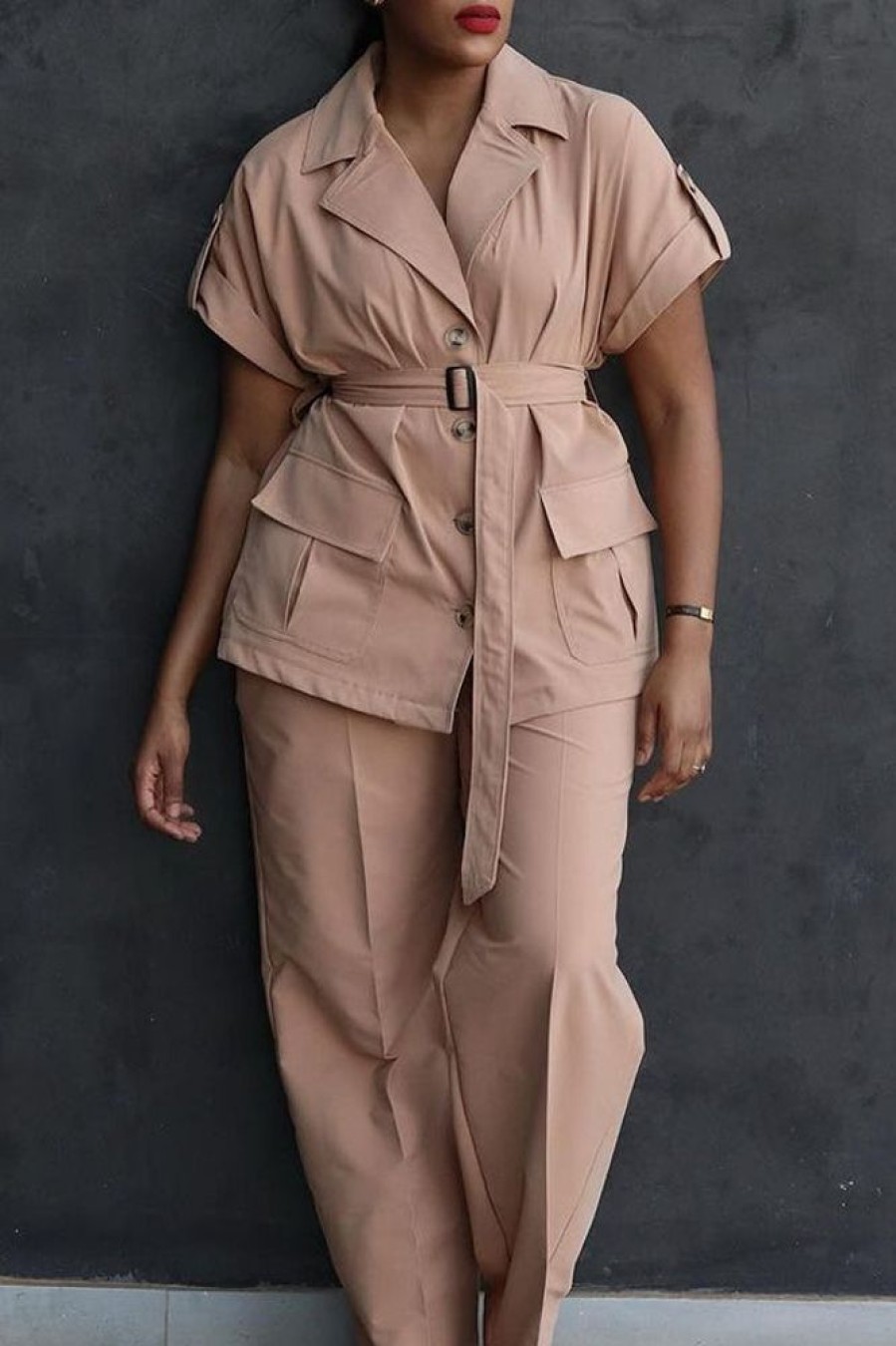 2-Pieces female | Casual Lapel Short-Sleeved Shirt Wide-Leg Pants Two-Piece Set Khaki