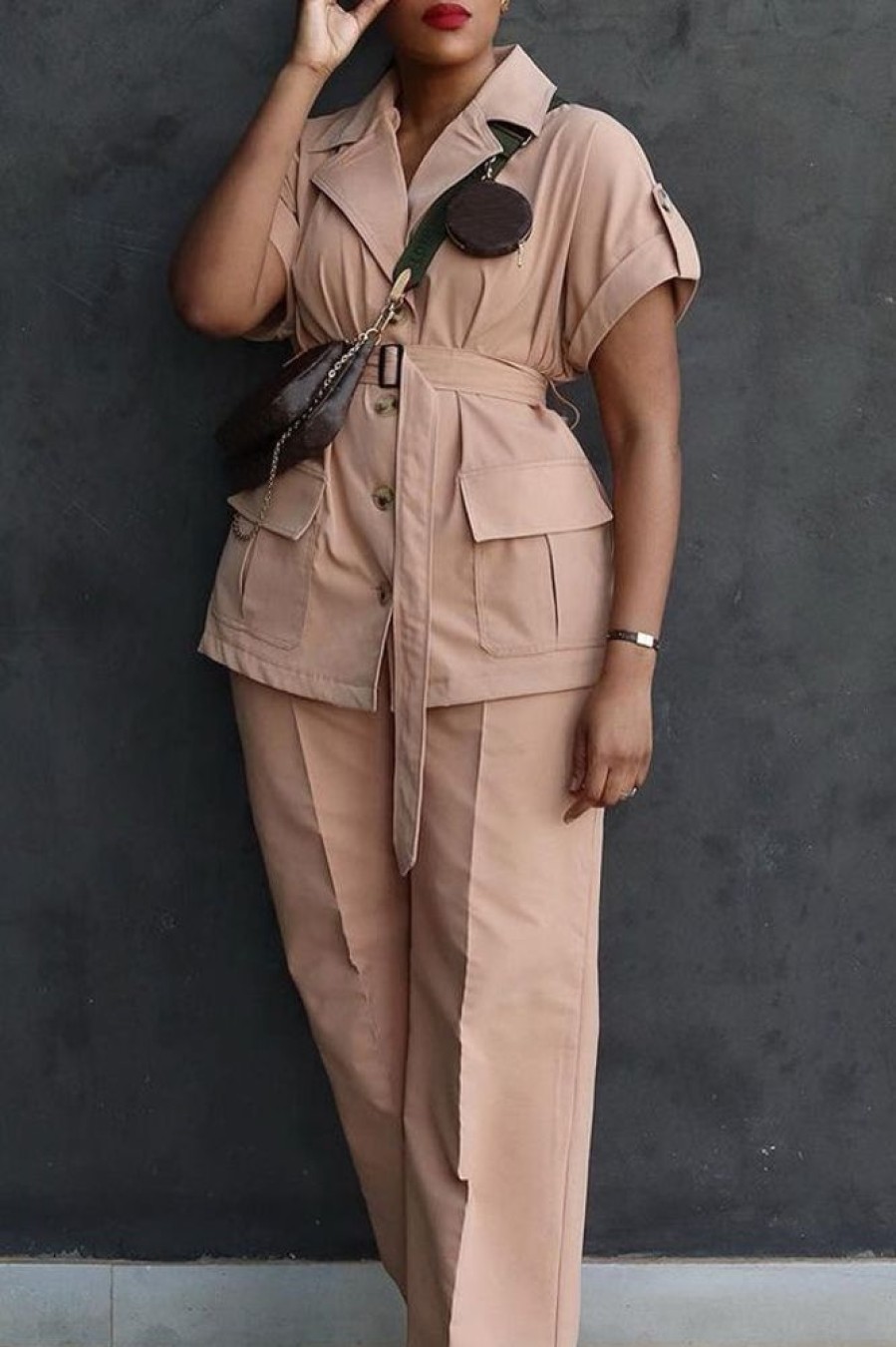 2-Pieces female | Casual Lapel Short-Sleeved Shirt Wide-Leg Pants Two-Piece Set Khaki