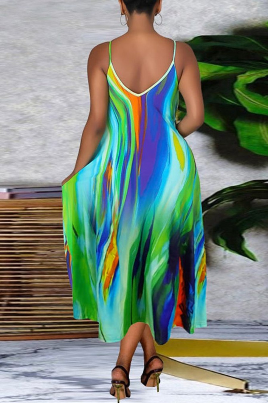 Dresses female | Fashion Loose Positioning Print Slip Dress Beach Dress With Pockets Green