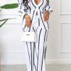 2-Pieces female | Fashion Stripe Print Long Sleeve Shirt Trousers Two Piece Set