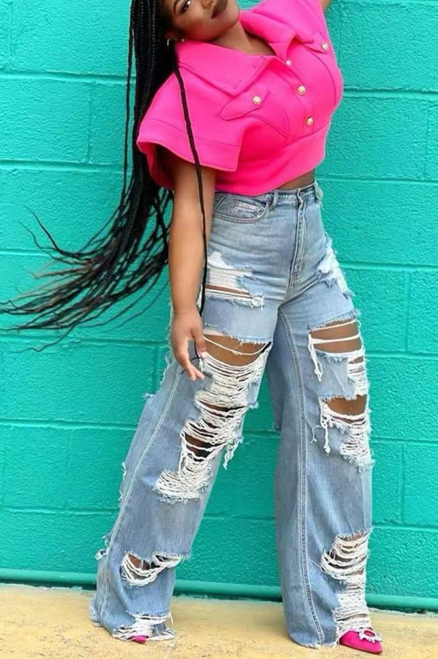 Bottoms female | Fashion Ripped Wide Leg Jeans Blue